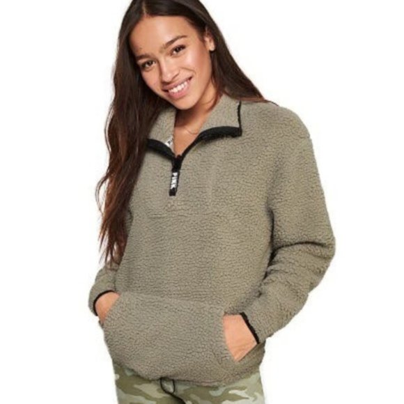 PINK Victoria's Secret Sweaters - Pink Victorias Secret Green Sherpa Quarter Zip Sweater Size Medium